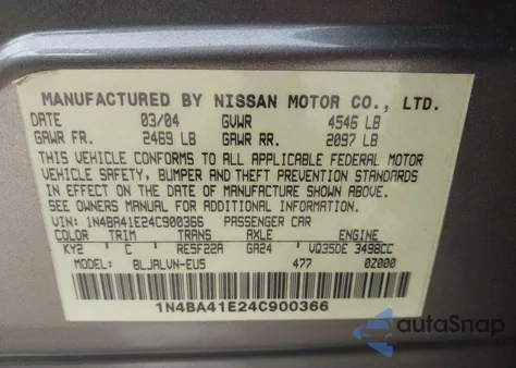 2004 Nissan Maxima 3.5 Sl from USA, damaged, VIN 1N4BA41E24C900366